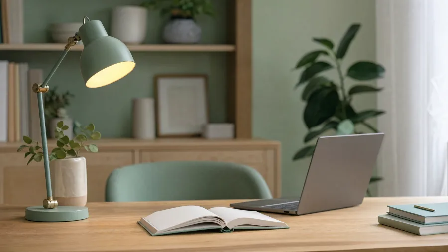 Birou de studiu pregătit — lampă aprinsă, caiet deschis și laptop, fără distrageri